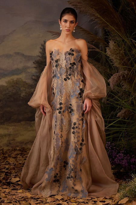 Samant Chauhan Floral Embroidered Cotton Silk Strapless Gown with Sheer Sleeves