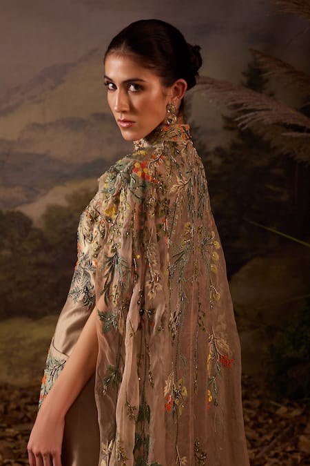 Samant Chauhan_Green Silk, Cotton Embroidery Mandarin Collar Floral Gown _Online_at_Aza_Fashions