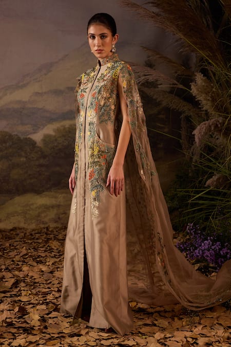 Buy_Samant Chauhan_Green Silk, Cotton Embroidery Mandarin Collar Floral Gown _Online_at_Aza_Fashions