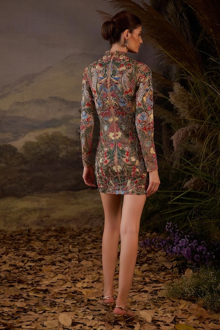 Samant Chauhan Embroidered Floral High-Neck Short Dress In Cotton Silk