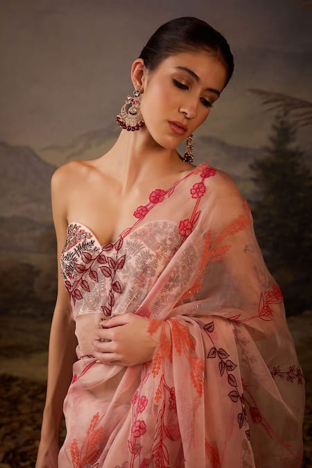 Samant Chauhan_Pink Silk Embroidery, Zari Sweetheart Neck Zardozi Cotton Saree And Blouse Set _Online_at_Aza_Fashions