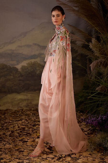 Samant Chauhan Pink Silk, Cotton Embroidery Halter Neck Floral Cape Sleeve Gown Online at Aza Fashions Samant Chauhan_Pink Silk, Cotton Embroidery Halter Neck Floral Cape Sleeve Gown _Online_at_Aza_Fashions