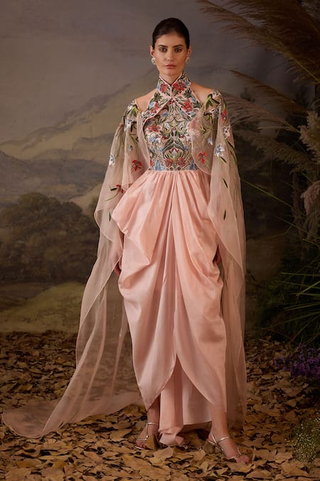 Samant Chauhan Embroidered Floral Cotton Silk Halter Cape Sleeve Gown