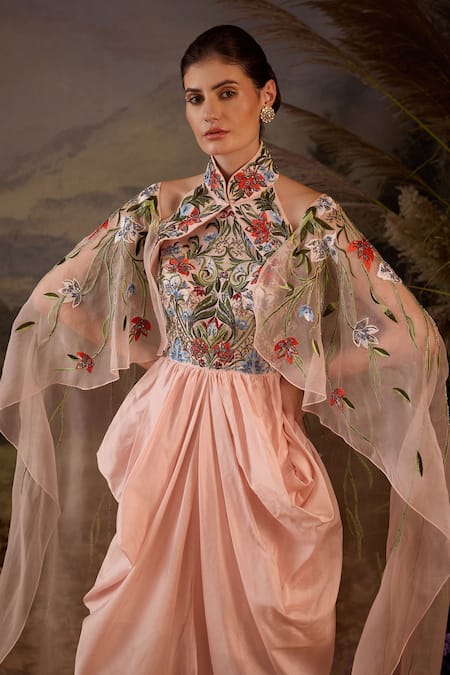 Buy Samant Chauhan Pink Silk, Cotton Embroidery Halter Neck Floral Cape Sleeve Gown Online at Aza Fashions Buy_Samant Chauhan_Pink Silk, Cotton Embroidery Halter Neck Floral Cape Sleeve Gown _Online_at_Aza_Fashions