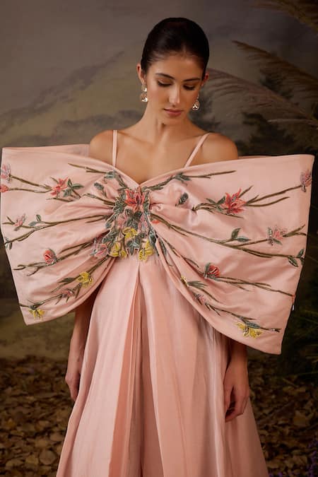 Samant Chauhan Pink Silk Embroidery Off-shoulder Bow Cotton Spaghetti Strap Gown Online at Aza Fashions Samant Chauhan_Pink Silk Embroidery Off-shoulder Bow Cotton Spaghetti Strap Gown _Online_at_Aza_Fashions