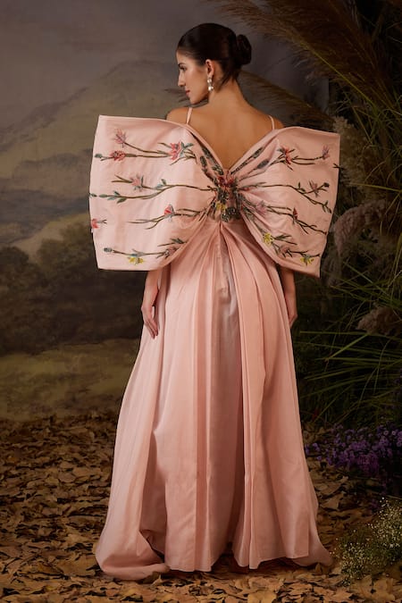 Samant Chauhan Bow Embroidered Cotton Silk Spaghetti Strap Gown
