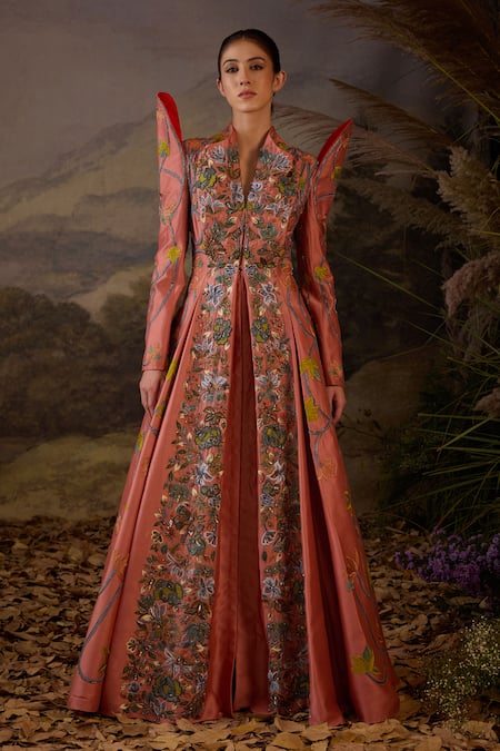 Samant Chauhan Floral Embroidered Long Coat-Style Cotton Silk Gown