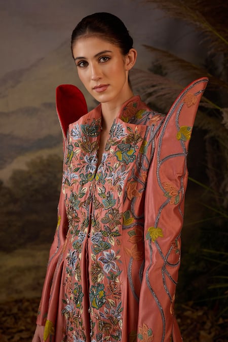 Buy Samant Chauhan Peach Silk Embroidery Mandarin Collar Floral Long Coat-style Cotton Gown Online at Aza Fashions Buy_Samant Chauhan_Peach Silk Embroidery Mandarin Collar Floral Long Coat-style Cotton Gown _Online_at_Aza_Fashions