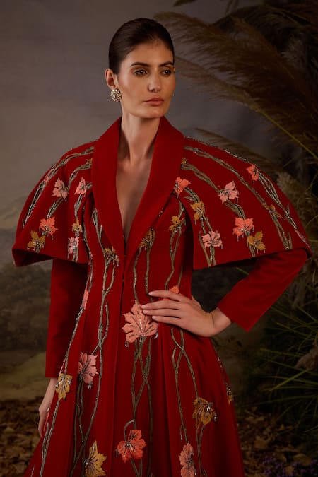 Samant Chauhan Red Velvet Embroidery Shawl Neck Floral Floor-length Maxi Evening Gown Online at Aza Fashions Samant Chauhan_Red Velvet Embroidery Shawl Neck Floral Floor-length Maxi Evening Gown _Online_at_Aza_Fashions