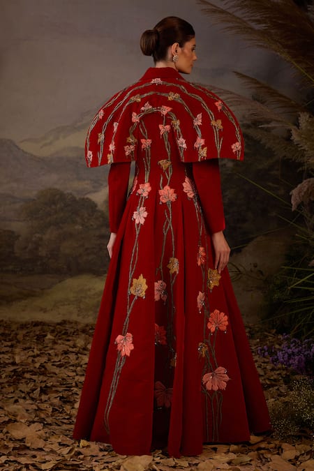 Samant Chauhan Floral Embroidered Velvet Floor-Length Maxi Evening Gown