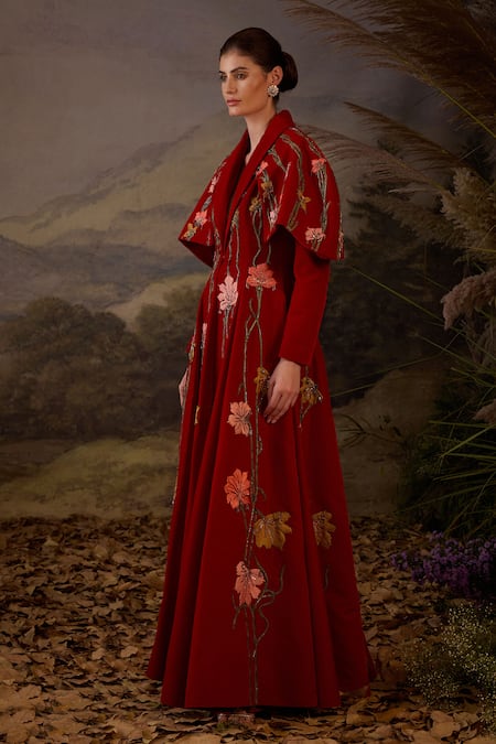 Buy Samant Chauhan Red Velvet Embroidery Shawl Neck Floral Floor-length Maxi Evening Gown Online at Aza Fashions Buy_Samant Chauhan_Red Velvet Embroidery Shawl Neck Floral Floor-length Maxi Evening Gown _Online_at_Aza_Fashions