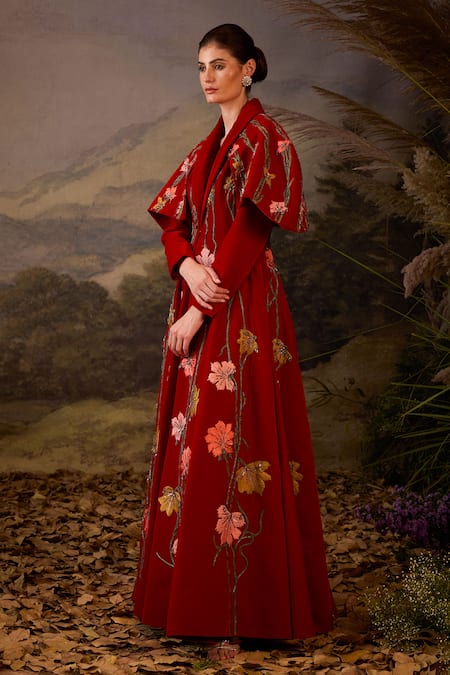 Shop Samant Chauhan Red Velvet Embroidery Shawl Neck Floral Floor-length Maxi Evening Gown Online at Aza Fashions Shop_Samant Chauhan_Red Velvet Embroidery Shawl Neck Floral Floor-length Maxi Evening Gown _Online_at_Aza_Fashions