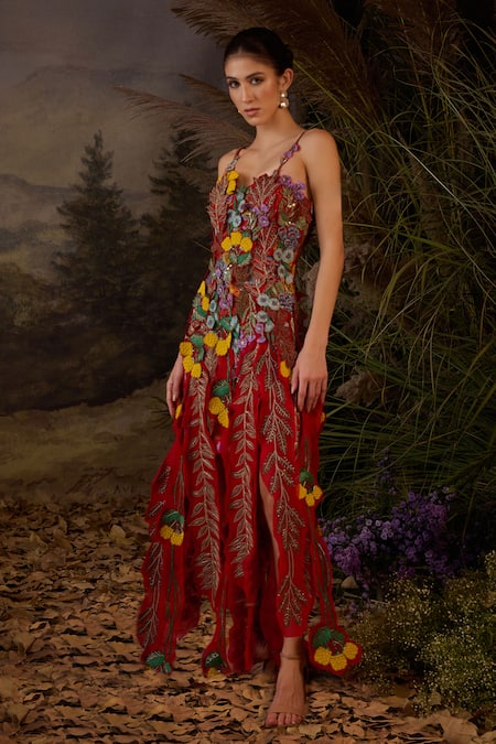 Buy_Samant Chauhan_Green Silk Organza Embroidery, Applique, Fabric Flowers Sweetheart Neck Gown _Online_at_Aza_Fashions