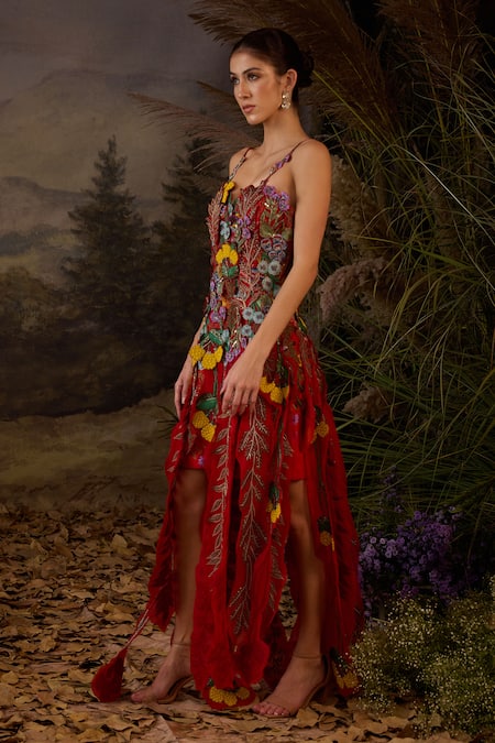 Shop_Samant Chauhan_Green Silk Organza Embroidery, Applique, Fabric Flowers Sweetheart Neck Gown _Online_at_Aza_Fashions