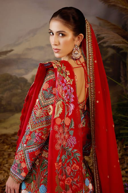Samant Chauhan Red Silk, Organza Embroidery, Zari V-neck Zardozi And Cotton Lehenga Set Online at Aza Fashions Samant Chauhan_Red Silk, Organza Embroidery, Zari V-neck Zardozi And Cotton Lehenga Set _Online_at_Aza_Fashions