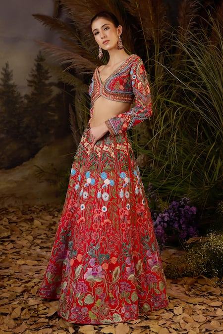 Buy Samant Chauhan Red Silk, Organza Embroidery, Zari V-neck Zardozi And Cotton Lehenga Set Online at Aza Fashions Buy_Samant Chauhan_Red Silk, Organza Embroidery, Zari V-neck Zardozi And Cotton Lehenga Set _Online_at_Aza_Fashions