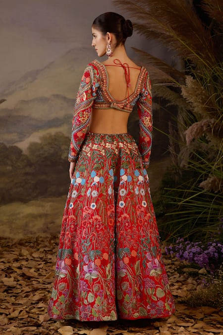 Buy Samant Chauhan Red Silk, Organza Embroidery, Zari V-neck Zardozi And Cotton Lehenga Set Buy_Samant Chauhan_Red Silk, Organza Embroidery, Zari V-neck Zardozi And Cotton Lehenga Set