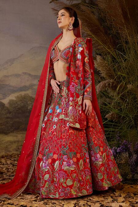 Shop Samant Chauhan Red Silk, Organza Embroidery, Zari V-neck Zardozi And Cotton Lehenga Set Shop_Samant Chauhan_Red Silk, Organza Embroidery, Zari V-neck Zardozi And Cotton Lehenga Set