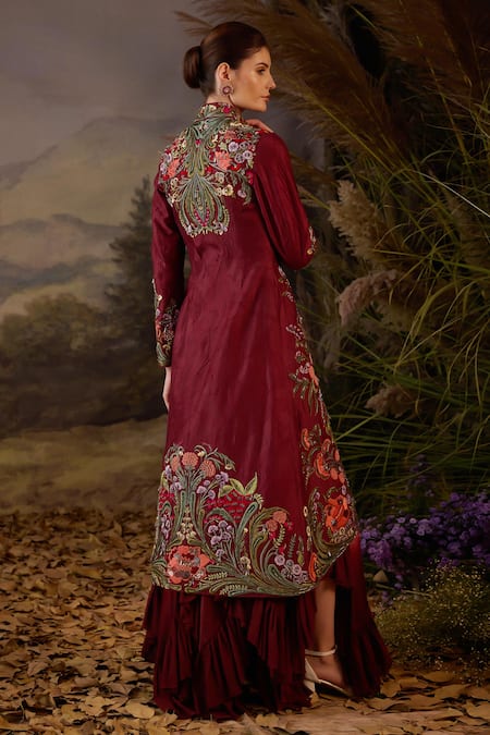 Samant Chauhan Embroidered Floral Cotton Silk Dress & Jacket Set