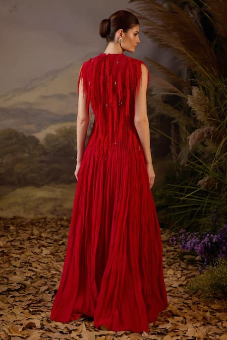 Samant Chauhan Embellished Fringed Pleated Cotton Silk Floor-Length Gown