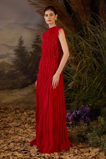 Buy Samant Chauhan Red Silk Beads, Fringe High Neck Embellished Pleated Cotton Floor-length Gown Online at Aza Fashions Buy_Samant Chauhan_Red Silk Beads, Fringe High Neck Embellished Pleated Cotton Floor-length Gown _Online_at_Aza_Fashions