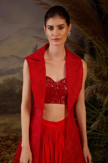 Samant Chauhan Red Satin, Net Embroidery, Sequins Open Neck, Floral Pattern Jacket Lehenga Set Online at Aza Fashions Samant Chauhan_Red Satin, Net Embroidery, Sequins Open Neck, Floral Pattern Jacket Lehenga Set _Online_at_Aza_Fashions