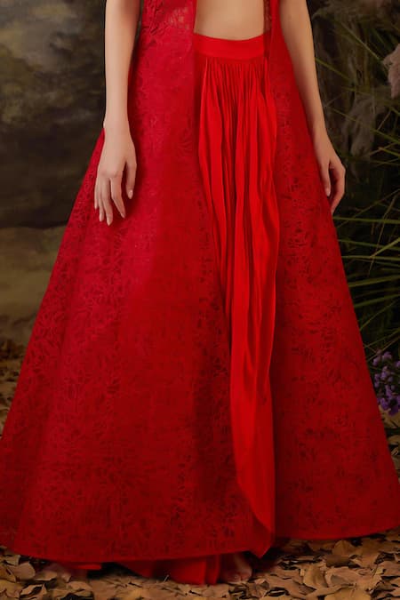 Buy Samant Chauhan Red Satin, Net Embroidery, Sequins Open Neck, Floral Pattern Jacket Lehenga Set Online at Aza Fashions Buy_Samant Chauhan_Red Satin, Net Embroidery, Sequins Open Neck, Floral Pattern Jacket Lehenga Set _Online_at_Aza_Fashions
