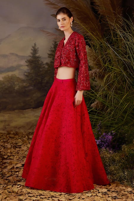 Buy Samant Chauhan Red Silk, Organza, Net Embroidery V-neck Zardozi And Top & Skirt Set Online at Aza Fashions Buy_Samant Chauhan_Red Silk, Organza, Net Embroidery V-neck Zardozi And Top & Skirt Set _Online_at_Aza_Fashions