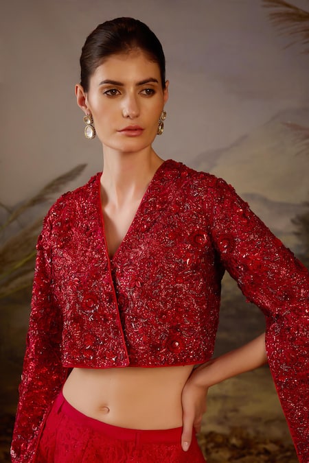 Shop Samant Chauhan Red Silk, Organza, Net Embroidery V-neck Zardozi And Top & Skirt Set Online at Aza Fashions Shop_Samant Chauhan_Red Silk, Organza, Net Embroidery V-neck Zardozi And Top & Skirt Set _Online_at_Aza_Fashions