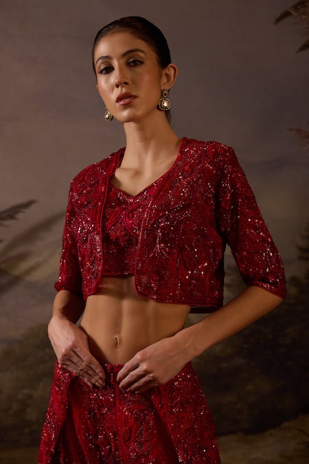 Samant Chauhan Red Organza Sequins, Zari V-, Open Zardozi Embroidered Silk Top Set Online at Aza Fashions Samant Chauhan_Red Organza Sequins, Zari V-, Open Zardozi Embroidered Silk Top Set _Online_at_Aza_Fashions