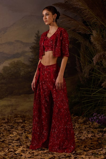 Shop Samant Chauhan Red Organza Sequins, Zari V-, Open Zardozi Embroidered Silk Top Set Online at Aza Fashions Shop_Samant Chauhan_Red Organza Sequins, Zari V-, Open Zardozi Embroidered Silk Top Set _Online_at_Aza_Fashions