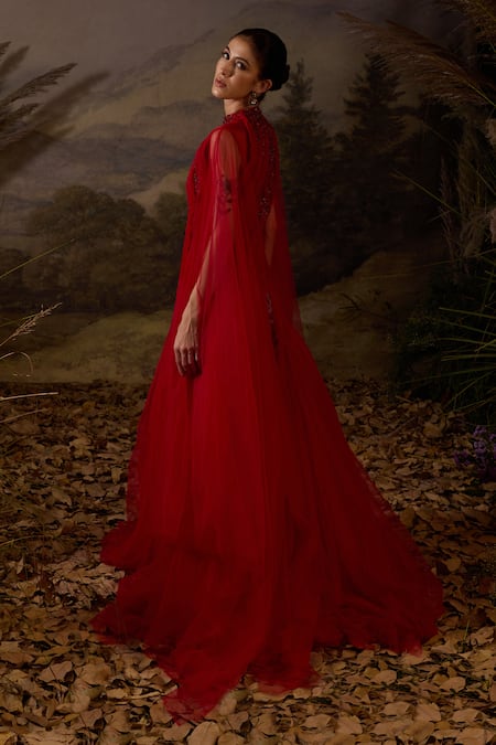 Samant Chauhan Red Silk Embroidery High Neck Zardozi Pleated Cotton Long Gown Online at Aza Fashions Samant Chauhan_Red Silk Embroidery High Neck Zardozi Pleated Cotton Long Gown _Online_at_Aza_Fashions