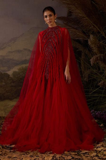 Samant Chauhan Zardozi Embroidered Pleated Cotton Silk Long Gown