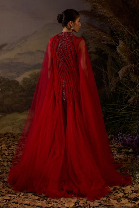 Buy Samant Chauhan Red Silk Embroidery High Neck Zardozi Pleated Cotton Long Gown Online at Aza Fashions Buy_Samant Chauhan_Red Silk Embroidery High Neck Zardozi Pleated Cotton Long Gown _Online_at_Aza_Fashions