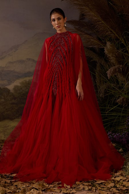 Shop Samant Chauhan Red Silk Embroidery High Neck Zardozi Pleated Cotton Long Gown Online at Aza Fashions Shop_Samant Chauhan_Red Silk Embroidery High Neck Zardozi Pleated Cotton Long Gown _Online_at_Aza_Fashions