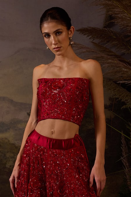 Samant Chauhan_Red Silk, Cotton, Organza Sequins, Zardozi Embroidered And Top & Skirt Set _Online_at_Aza_Fashions