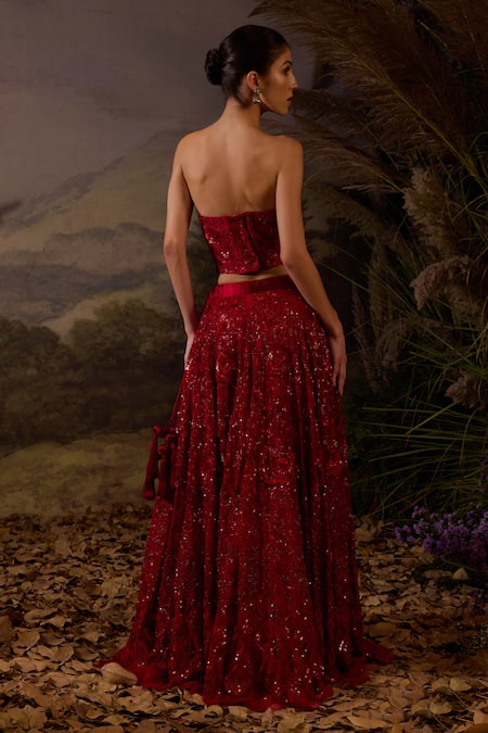 Buy_Samant Chauhan_Red Silk, Cotton, Organza Sequins, Zardozi Embroidered And Top & Skirt Set _Online_at_Aza_Fashions