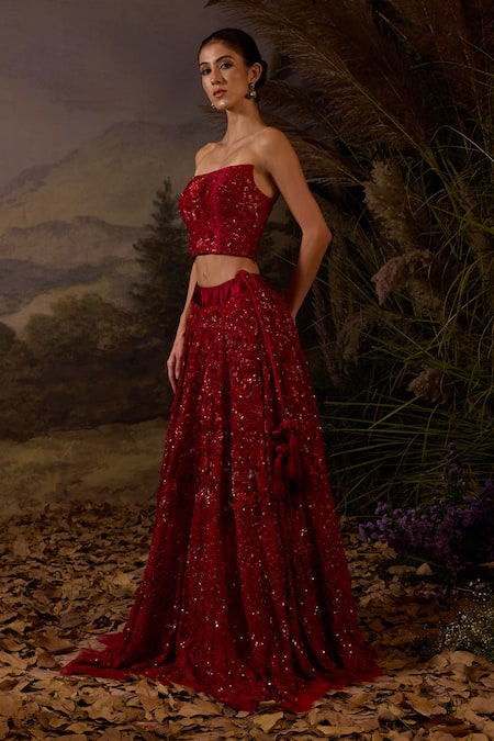 Shop_Samant Chauhan_Red Silk, Cotton, Organza Sequins, Zardozi Embroidered And Top & Skirt Set _Online_at_Aza_Fashions