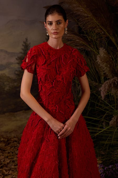 Samant Chauhan Red Silk Embroidery Round Neck Zardozi Tonal Texture Cotton Gown Online at Aza Fashions Samant Chauhan_Red Silk Embroidery Round Neck Zardozi Tonal Texture Cotton Gown _Online_at_Aza_Fashions