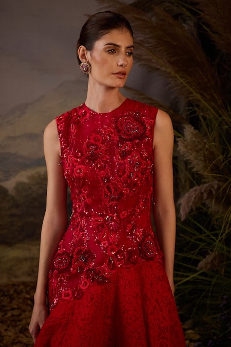 Samant Chauhan Red Silk, Cotton, Organza Sequins, Zari Round Neck And Embroidered Gown Online at Aza Fashions Samant Chauhan_Red Silk, Cotton, Organza Sequins, Zari Round Neck And Embroidered Gown _Online_at_Aza_Fashions