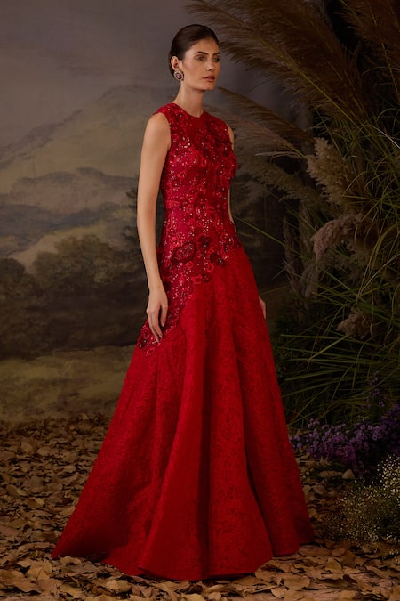 Buy Samant Chauhan Red Silk, Cotton, Organza Sequins, Zari Round Neck And Embroidered Gown Online at Aza Fashions Buy_Samant Chauhan_Red Silk, Cotton, Organza Sequins, Zari Round Neck And Embroidered Gown _Online_at_Aza_Fashions