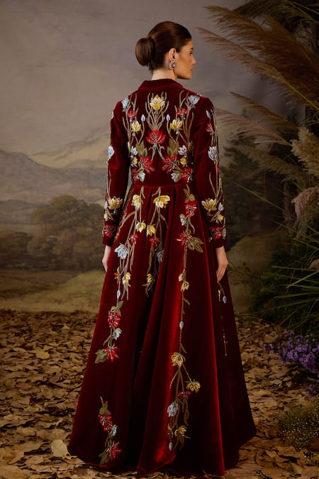 Samant Chauhan Mandarin Collar Front-Opening Embroidered Velvet Gown