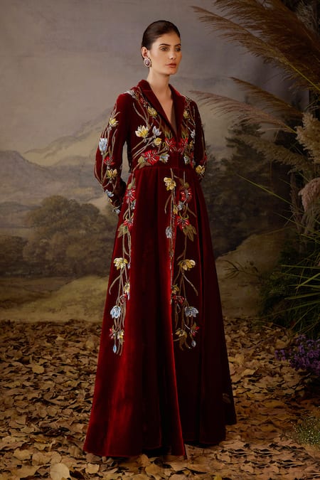 Buy Samant Chauhan Maroon Velvet Embroidery, Zari Mandarin Collar Front-opening Gown Online at Aza Fashions Buy_Samant Chauhan_Maroon Velvet Embroidery, Zari Mandarin Collar Front-opening Gown _Online_at_Aza_Fashions