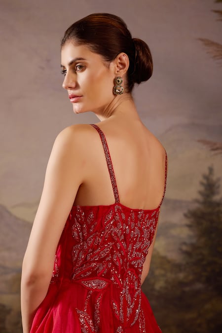 Samant Chauhan Red Cotton, Net Embroidery, Sequins V-neck And Spaghetti Strap Gown Online at Aza Fashions Samant Chauhan_Red Cotton, Net Embroidery, Sequins V-neck And Spaghetti Strap Gown _Online_at_Aza_Fashions
