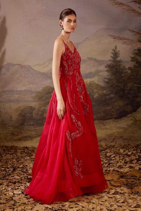 Buy Samant Chauhan Red Cotton, Net Embroidery, Sequins V-neck And Spaghetti Strap Gown Online at Aza Fashions Buy_Samant Chauhan_Red Cotton, Net Embroidery, Sequins V-neck And Spaghetti Strap Gown _Online_at_Aza_Fashions