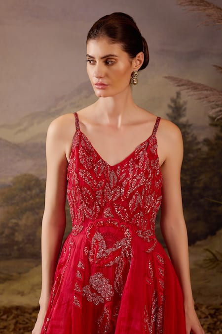 Shop Samant Chauhan Red Cotton, Net Embroidery, Sequins V-neck And Spaghetti Strap Gown Online at Aza Fashions Shop_Samant Chauhan_Red Cotton, Net Embroidery, Sequins V-neck And Spaghetti Strap Gown _Online_at_Aza_Fashions