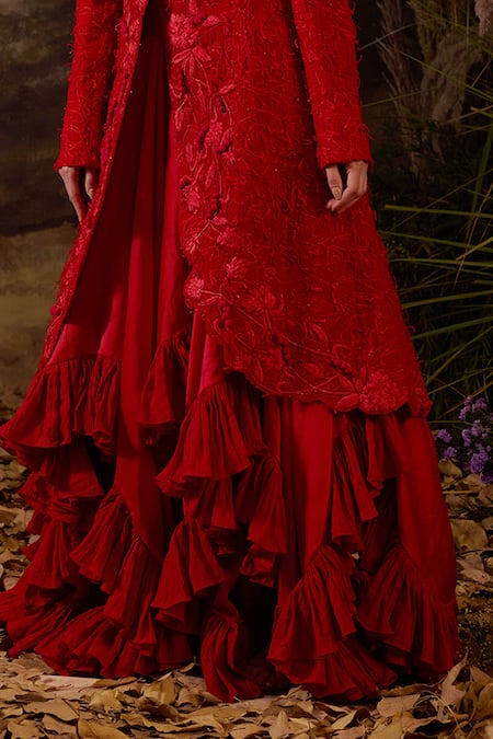 Samant Chauhan_Red Cotton, Chiffon Embroidery Mandarin Collar And Dress & Jacket Set _Online_at_Aza_Fashions