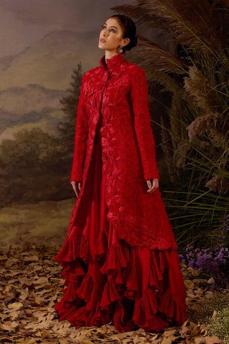 Buy_Samant Chauhan_Red Cotton, Chiffon Embroidery Mandarin Collar And Dress & Jacket Set _Online_at_Aza_Fashions