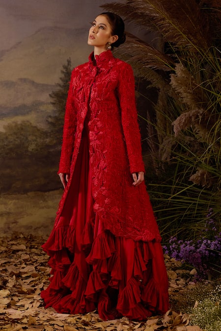 Shop_Samant Chauhan_Red Cotton, Chiffon Embroidery Mandarin Collar And Dress & Jacket Set _Online_at_Aza_Fashions