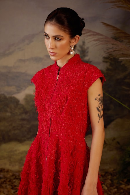 Samant Chauhan Red Silk, Cotton, Organza Embroidery, Fringe Mandarin Collar And Dress Online at Aza Fashions Samant Chauhan_Red Silk, Cotton, Organza Embroidery, Fringe Mandarin Collar And Dress _Online_at_Aza_Fashions